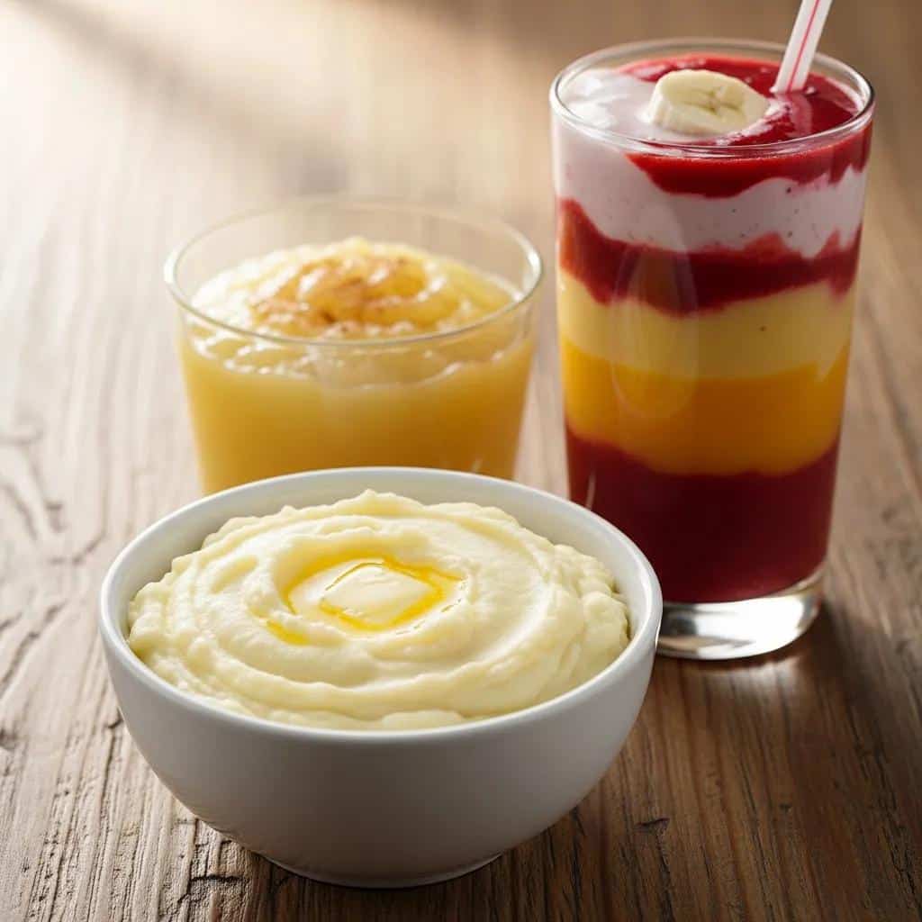 Recommended soft foods for dental implant recovery, featuring mashed potatoes and smoothies