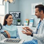Smiling patient consulting with a dentist about dental implants in a modern dental office