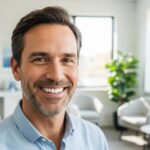 Smiling patient in a dental clinic highlighting the success of dental implants