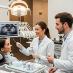 Smiling patient in a dental office discussing dental restorations with a dentist