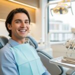 Smiling patient in a dental office, representing the benefits of dental implants