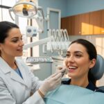 Smiling patient receiving dental care in a modern clinic, highlighting dental implants