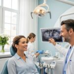 Smiling patient with dental implant in a bright dental clinic, emphasizing positive dental health experience