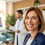 Smiling patient with dental implants in a modern dental clinic