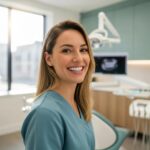 Smiling patient with dental implants in a modern dental clinic