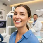 Smiling patient with dental implants in a modern dental clinic