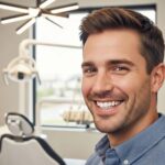 Smiling patient with dental implants in a modern dental office