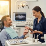 Smiling patient with dental implants in a modern dental office, engaging with a dentist