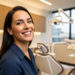 Smiling patient with dental implants in a modern dental office, showcasing confidence and satisfaction