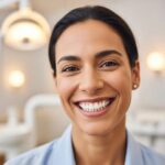Smiling person showcasing dental implants in a bright dental office