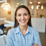 Smiling person showcasing dental implants in a bright dental office