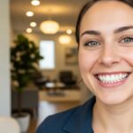 Smiling person with dental implants in a bright dental office