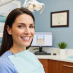 Smiling person with dental implants in a bright dental office, showcasing confidence and happiness