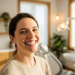 Smiling person with dental implants in a bright dental office, showcasing confidence and happiness