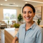 Smiling person with dental implants in a bright dental office, showcasing confidence and satisfaction