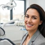 Smiling person with dental implants in a bright dental office, showcasing confidence and satisfaction