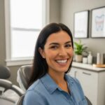 Smiling person with dental implants in a bright dental office, showcasing confidence and satisfaction