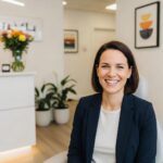 Smiling person with dental implants in a bright dental office, showcasing confidence and satisfaction