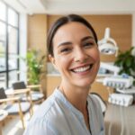 Smiling person with dental implants in a bright dental office, showcasing confidence and satisfaction