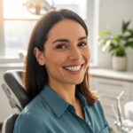 Smiling person with dental implants in a bright dental office, showcasing natural appearance and functionality