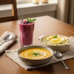 Soft and liquid foods for dental implant recovery including smoothies, soups, and mashed potatoes