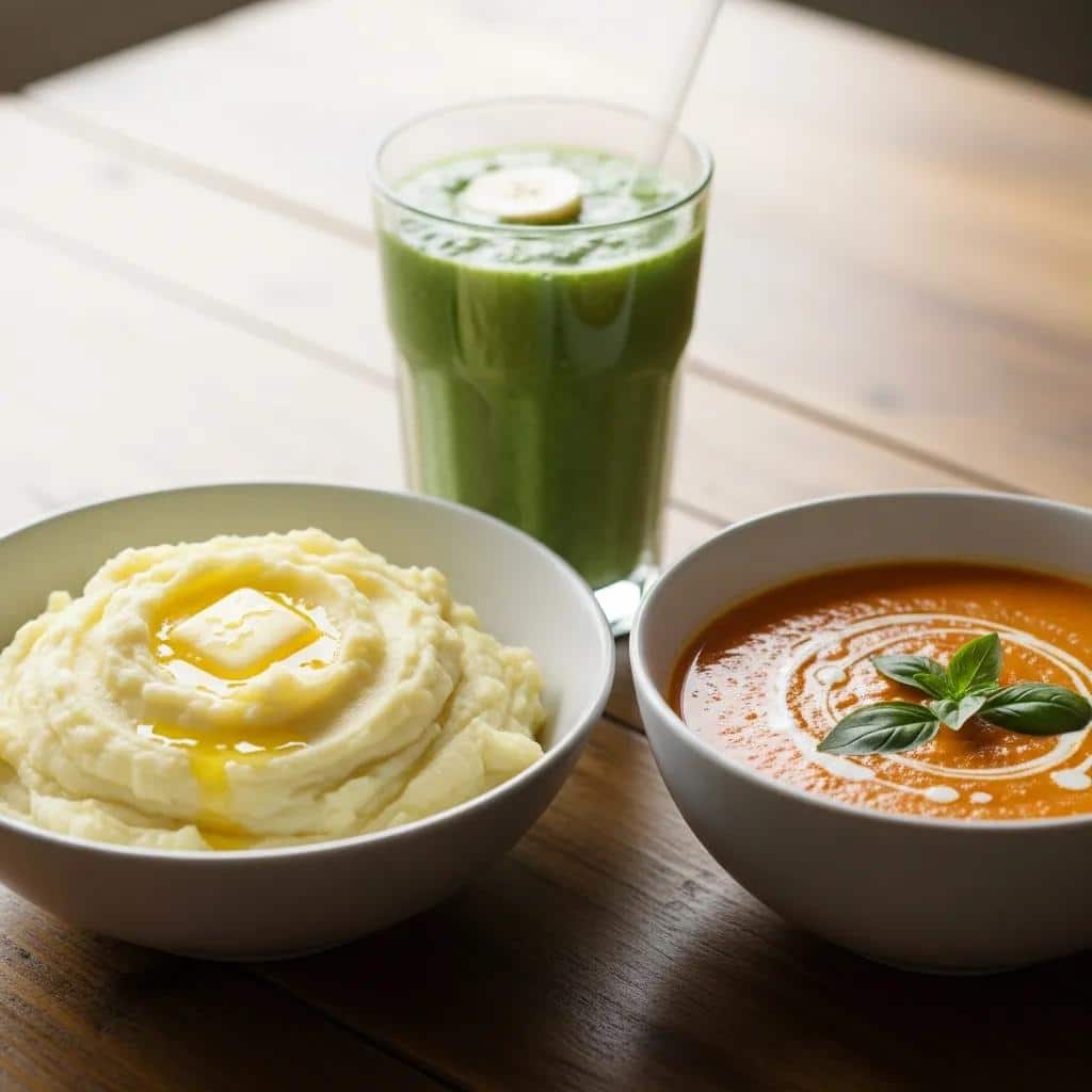 Soft and nutrient-rich foods for dental implant recovery, including mashed potatoes, smoothies, and soup