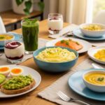 Soft foods for dental implant patients including yogurt, smoothies, and mashed potatoes on a dining table