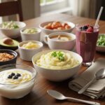 Soft foods for post-implant recovery including mashed potatoes, yogurt, and smoothies