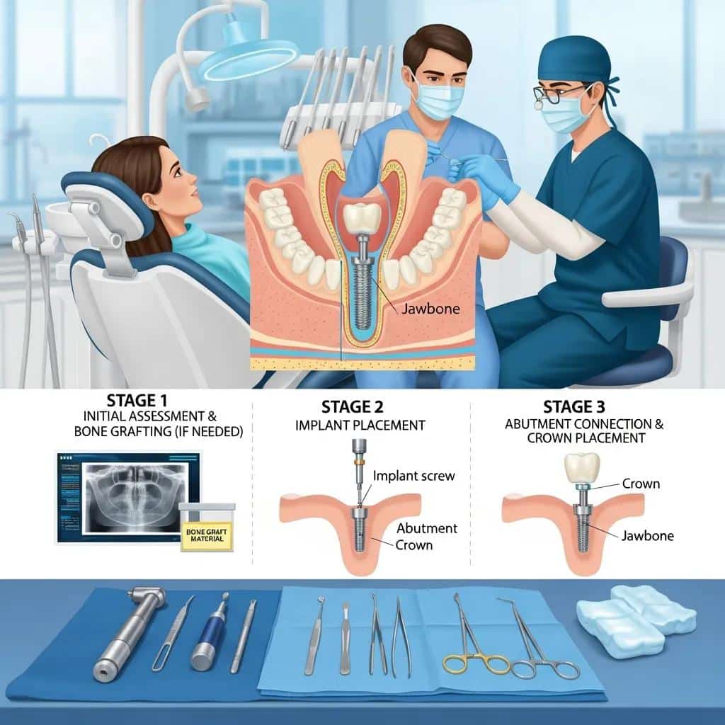 Illustration showing stages of implant placement and healing