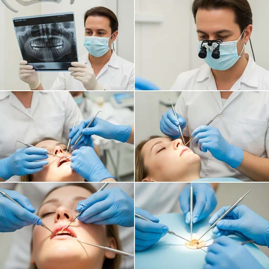 Step-by-step process of molar root canal treatment in a dental clinic