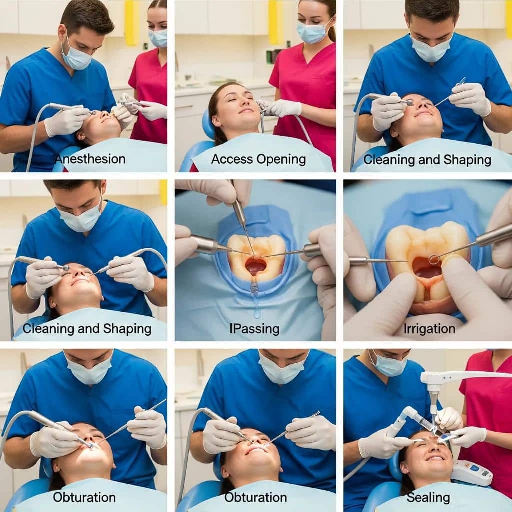 Step-by-step process of root canal treatment in a dental clinic