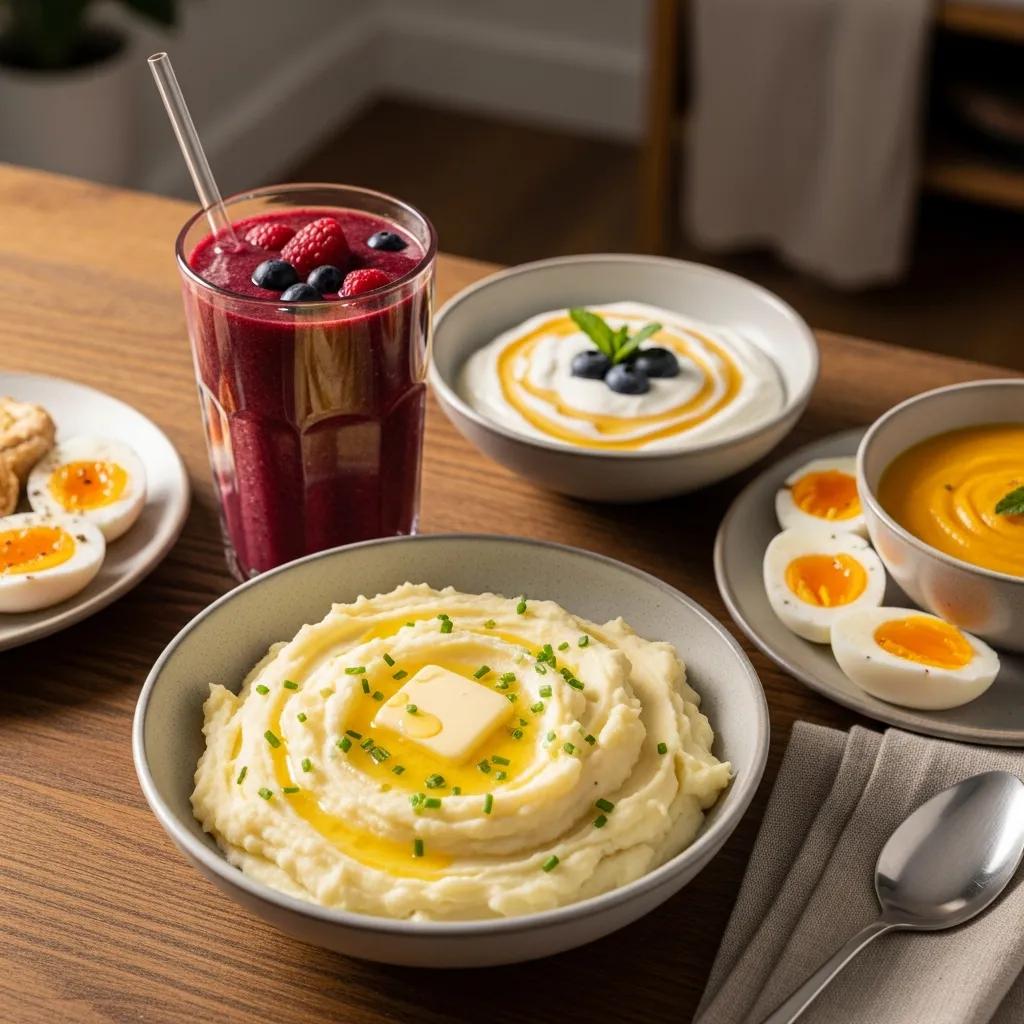 Chart of gentle, soft foods recommended after implant surgery including mashed potatoes and yogurt