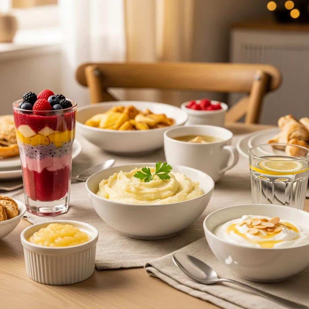 Table with soft foods like mashed potatoes and smoothies for dental implant recovery