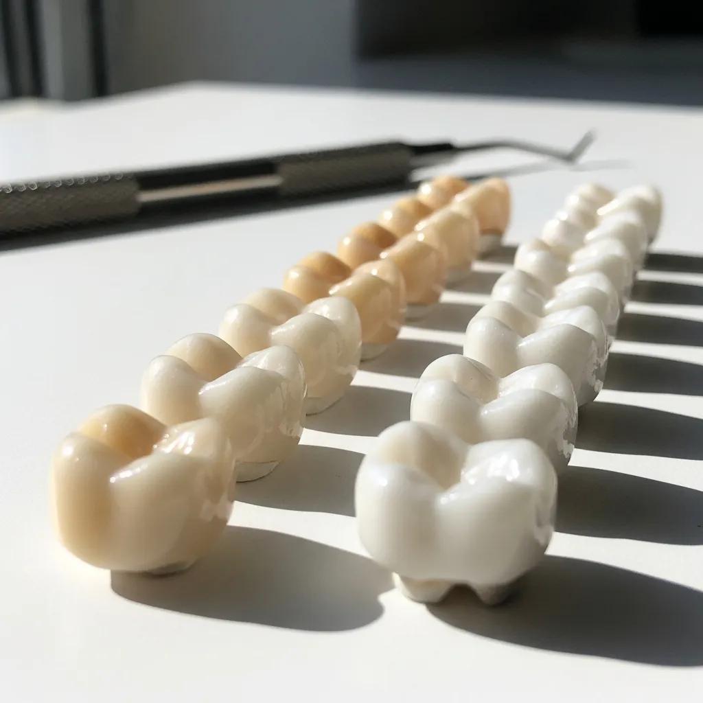 Various dental crown materials including porcelain and zirconia showcasing their natural appearance