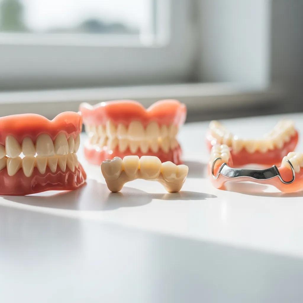 Various dental solutions including dental bridge and dentures on a clean surface
