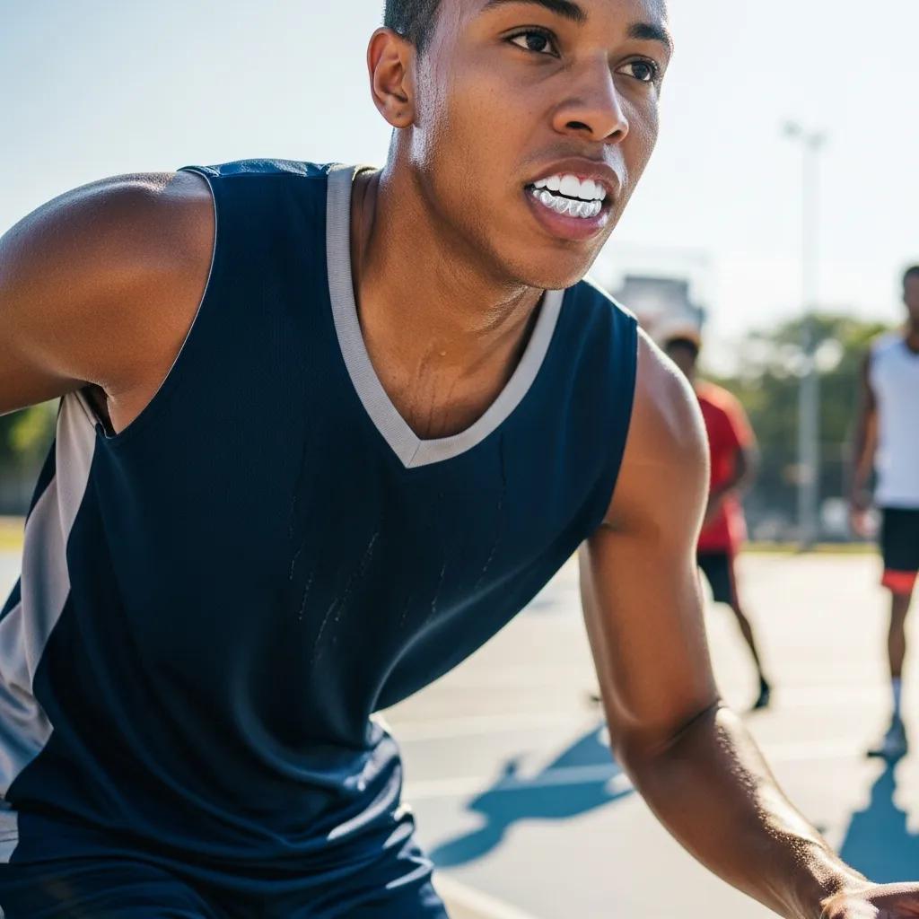 Athlete wearing a mouthguard while playing sports to prevent cracked teeth