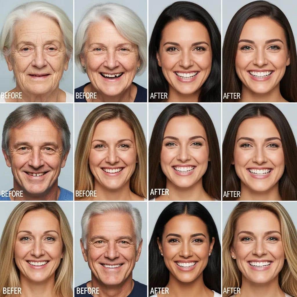 Before-and-after patient testimonials showcasing smile transformations