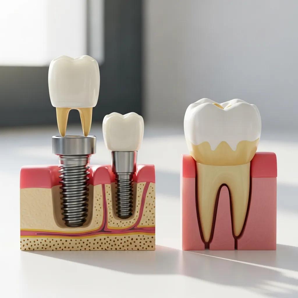 Close-up of a dental implant model next to a healthy tooth model, illustrating longevity