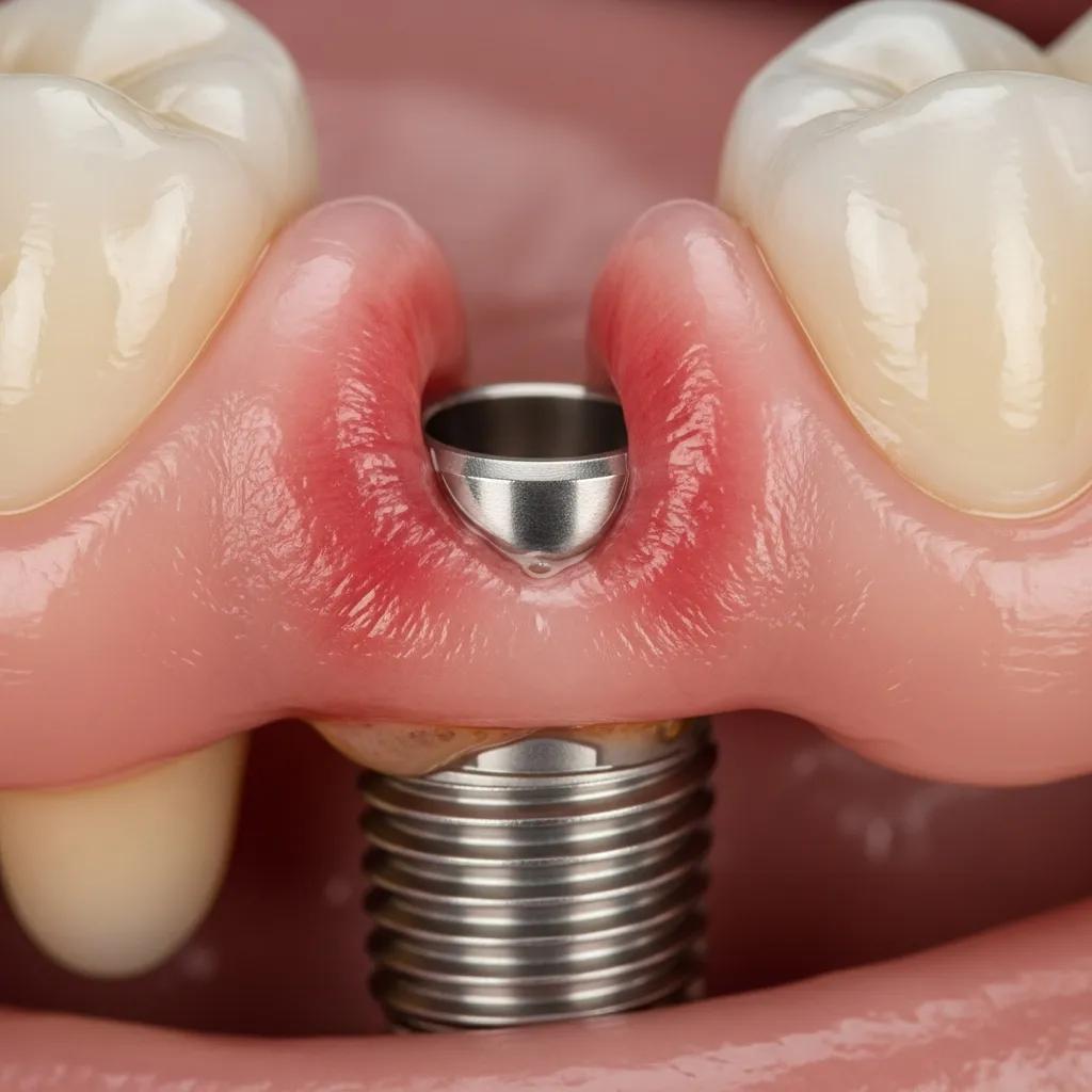 Close-up of an implant area with inflammation indicating peri-implant disease