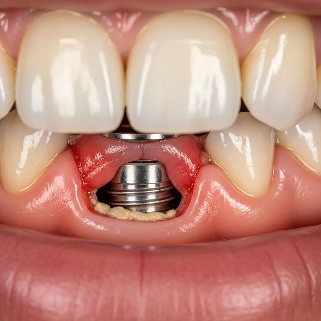 Close-up of a dental implant area with inflamed gums, illustrating peri-implantitis