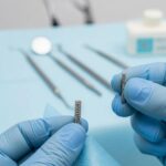 Close-up of a mini dental implant held by a dental professional in a clinical setting