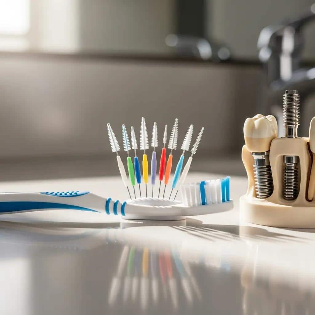 Close-up of dental care tools for cleaning implants, including a soft-bristled toothbrush and interdental brushes