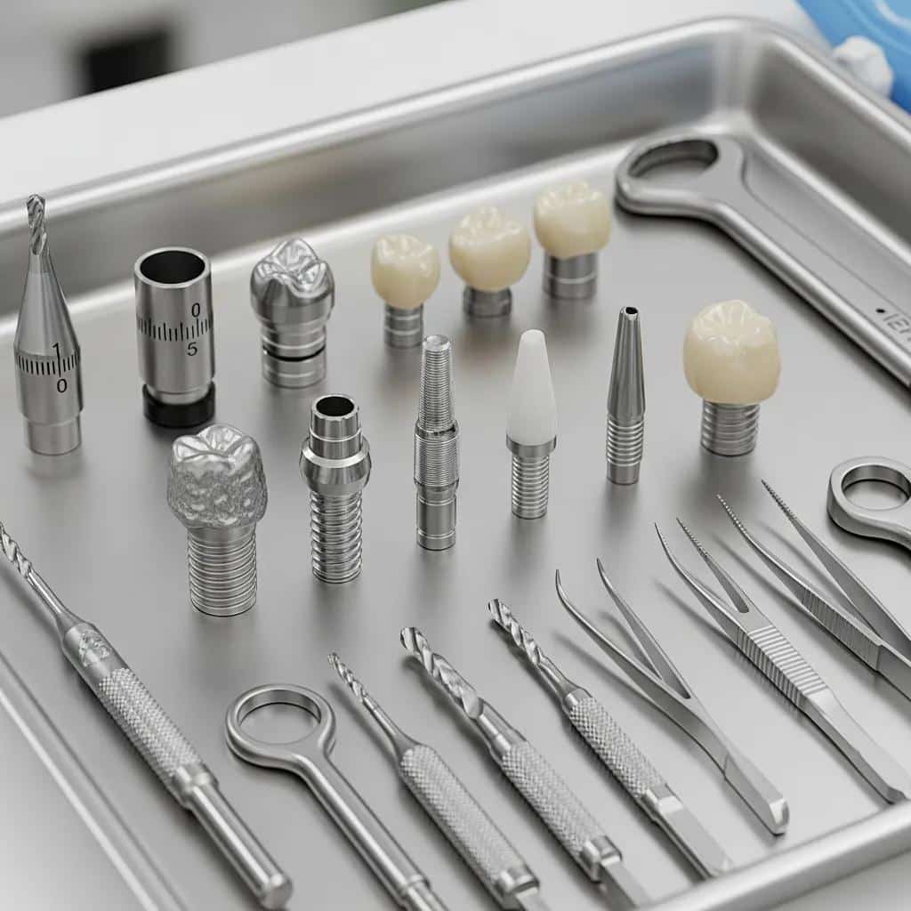 Close-up of dental implant materials and surgical tools on a dental tray