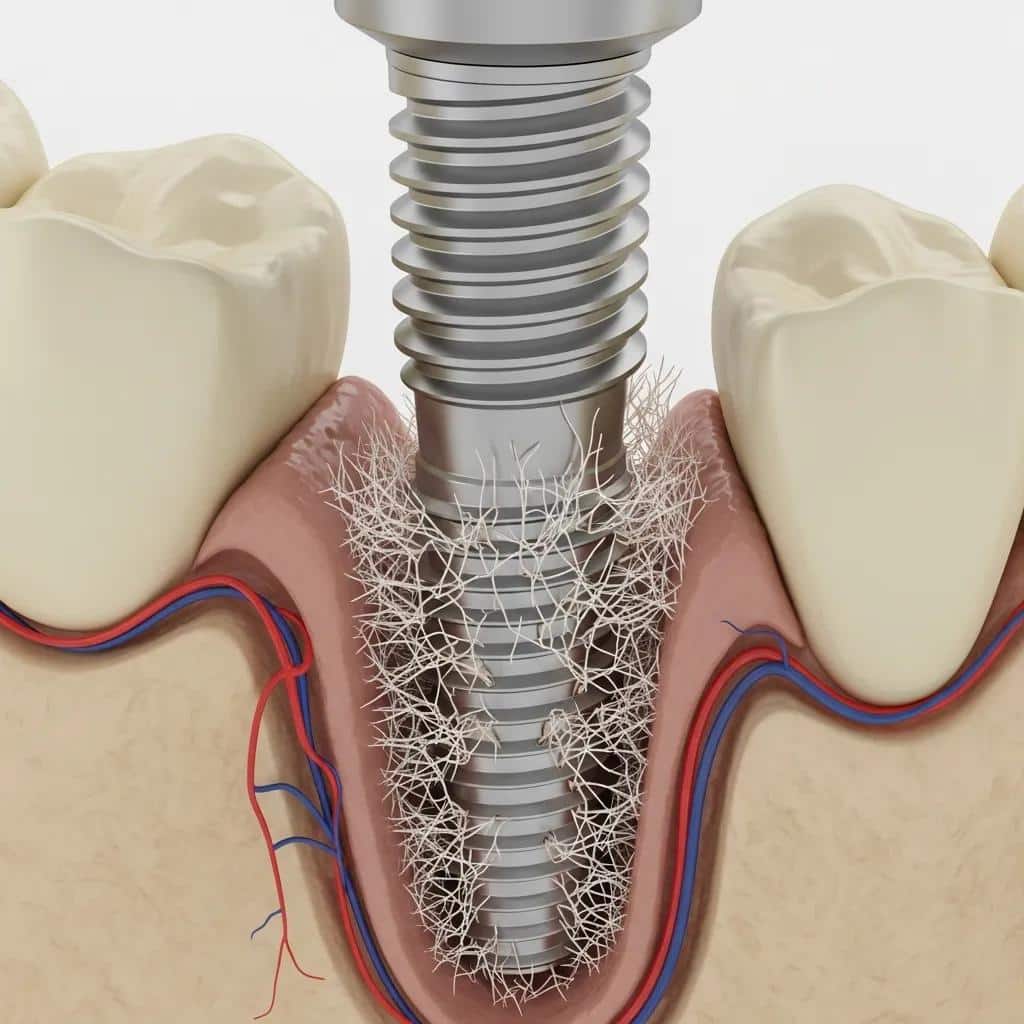 Illustration of jawbone bonding to a dental implant during osseointegration
