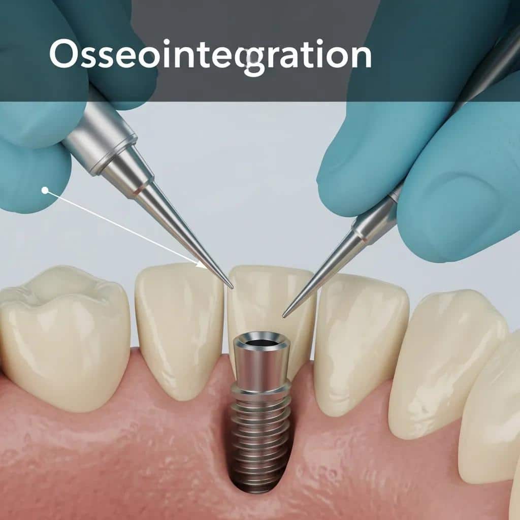 Close-up of an implant in the jawbone, illustrating how bone grows around the implant