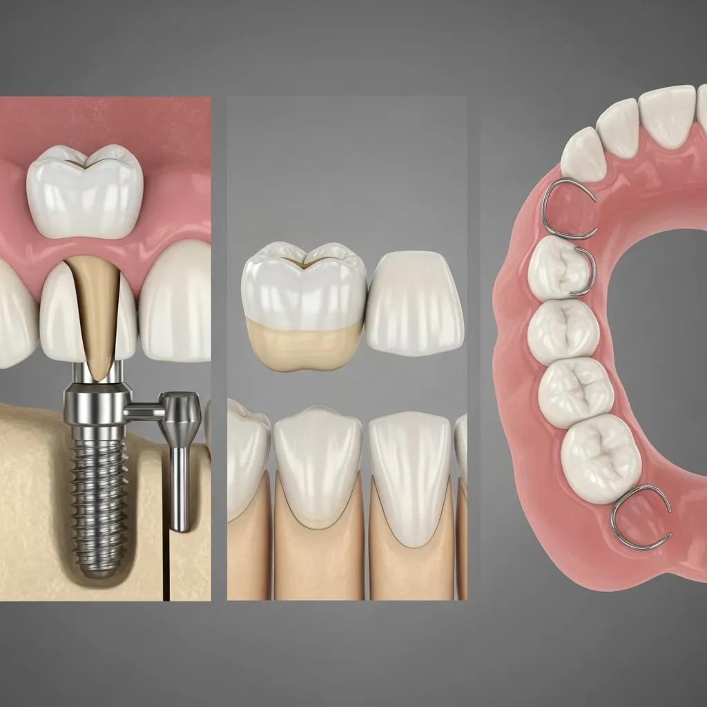 Close-up of dental implants, bridges, and dentures, illustrating key differences in tooth replacement options