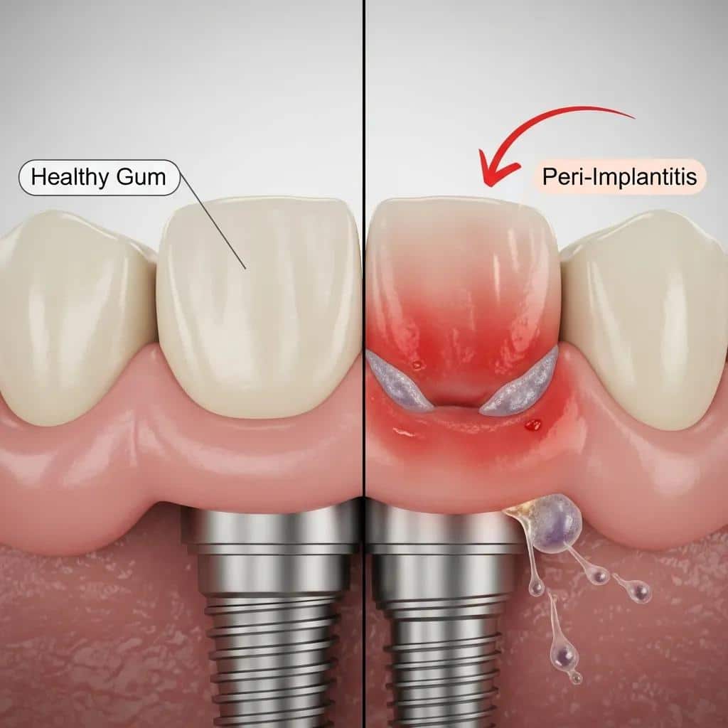 Close-up of healthy gums around a dental implant versus inflamed gums due to peri-implantitis
