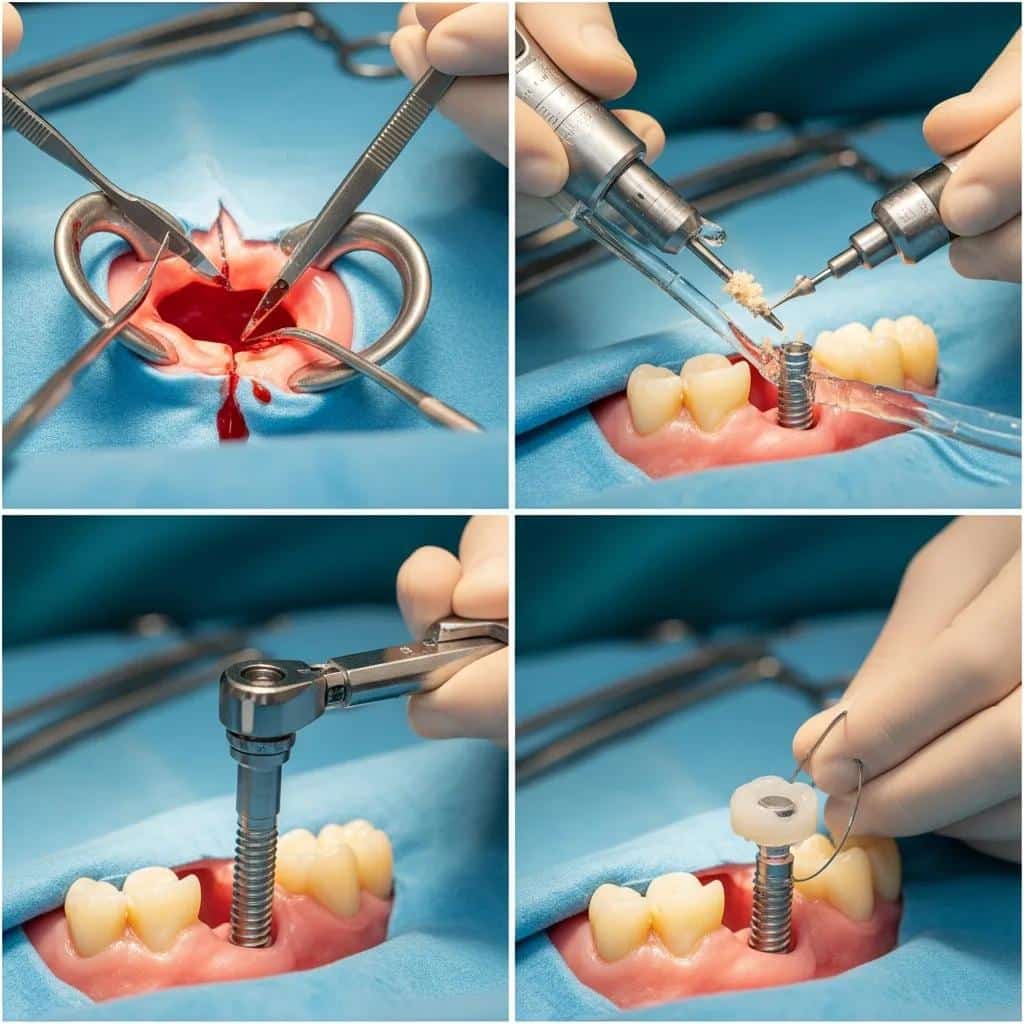 Close-up of the surgical procedure for molar dental implants showing implant placement