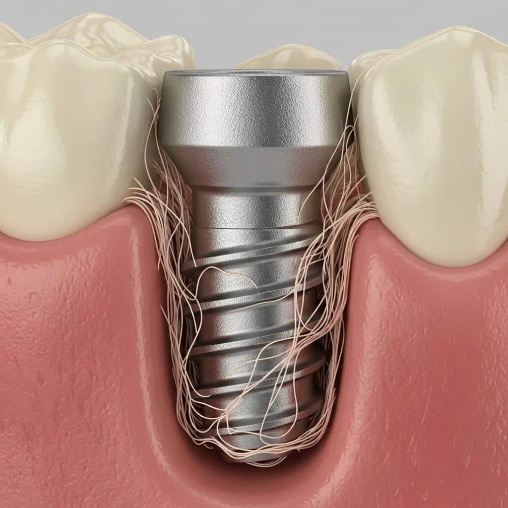 Model showing a titanium dental implant integrating with the jawbone