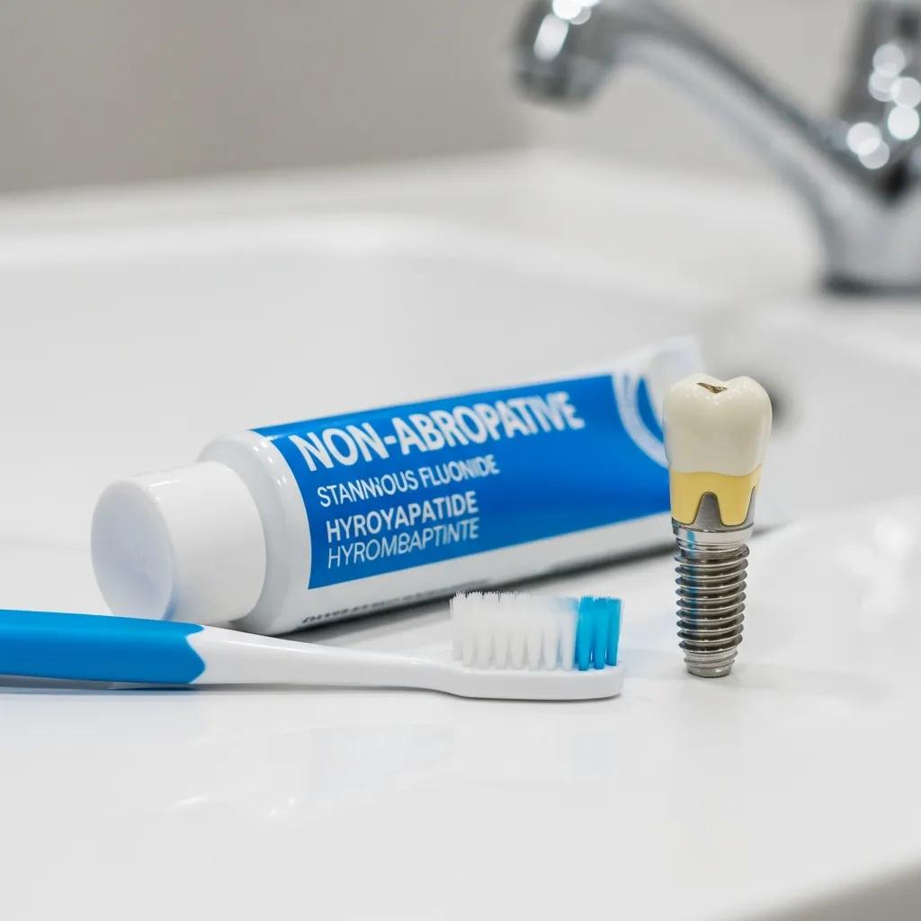 Close-up of toothbrush and toothpaste for cleaning dental implants